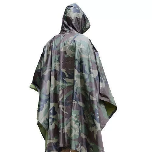 Army Hooded Ripstop Camo Waterproof Poncho Military Hiking Hunting Camping Coat