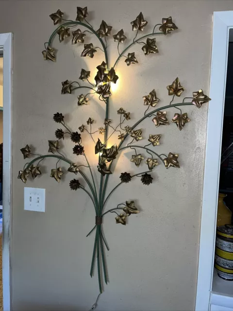 MCM Italian Tole Metal Floral Electric Wall Sconce 2 Light Gold Gilt Hollywood