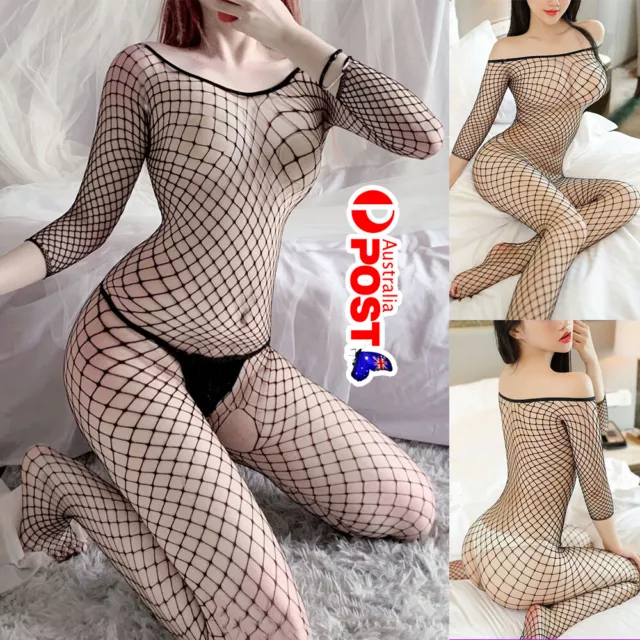 Sexy Lingerie Nightwear Women Open Crotch Fishnet Body Stocking Bodysuit Black