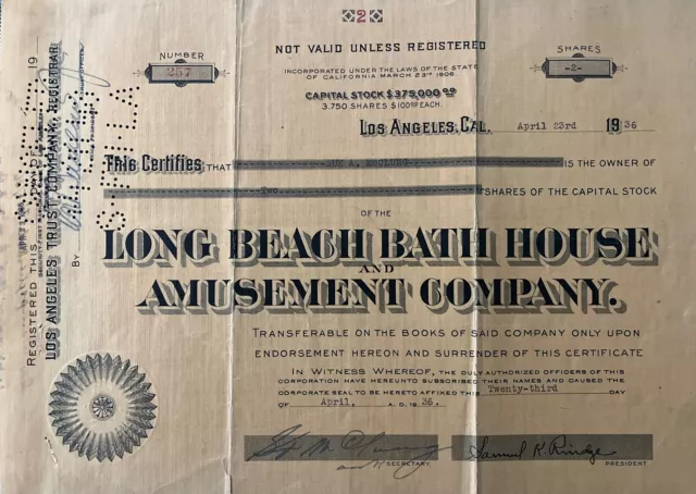 Long Beach Bath House Amusement Co Stock Certificate, 1926, Roller Coasters-Pike