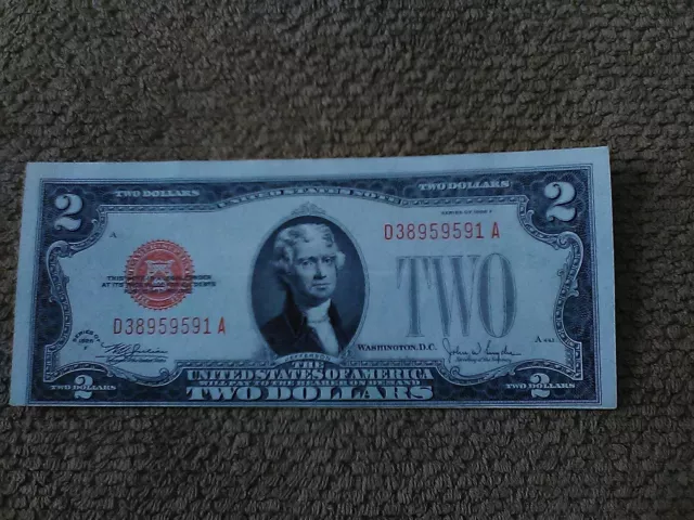 Extremely Rare 1928 Series F $2 Two Dollar Miscut Note, Crisp, Au/Au+, Red Seal