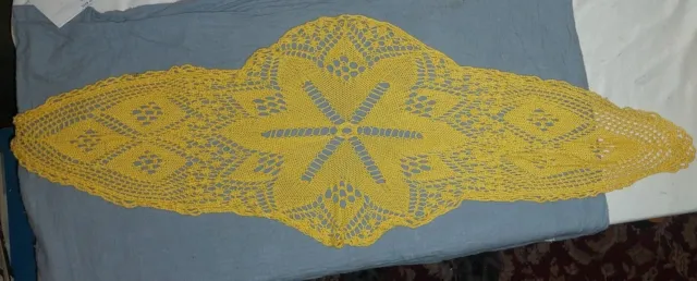 DOILEY Yellow HAND Crocheted Extra Large Doiley 75cm X 25cm Diamond Shape 32