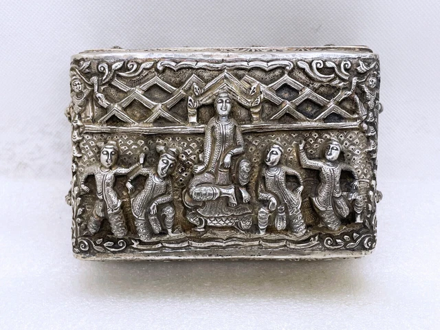 Antique Burmese casket box high quality silver repousse Burma - King of Pagan