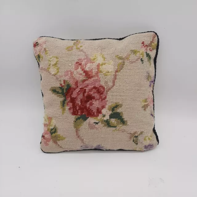 Vintage needlepoint throw pillow roses flowers velvet cottage country small