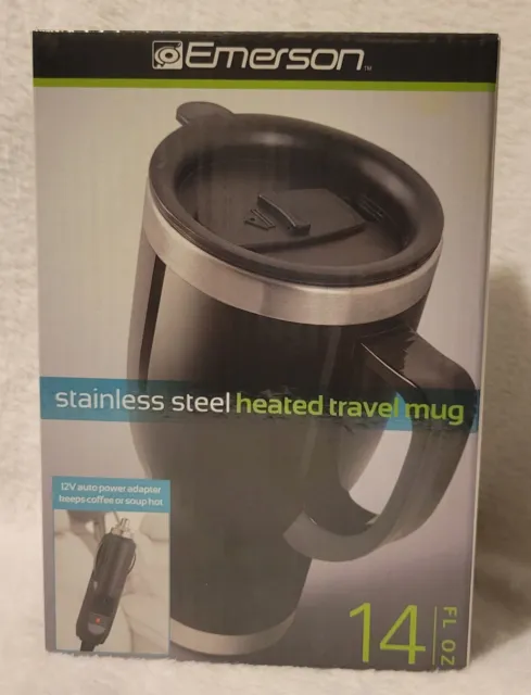 Emerson Stainless Steel Heated Travel Mug 12v Auto Power Adapter NEW Opened Box