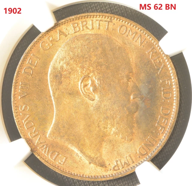 1902 G.BRITAIN PENNY HIGH SEA LEVEL Copper Coin NGC MS 62 BN