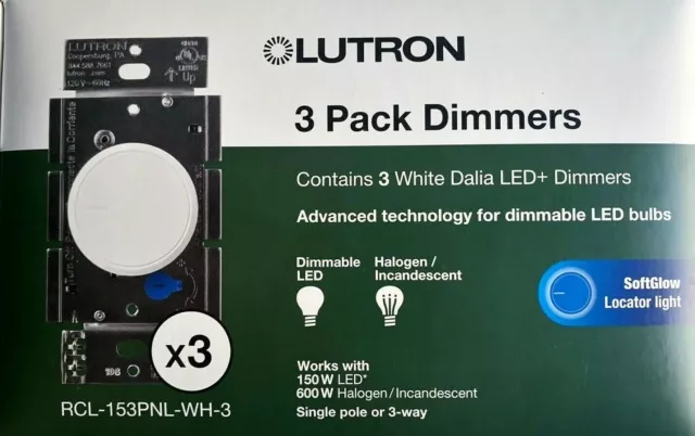 LUTRON- Dalia LED + Dimmers- 3 Pack WHITE- RCL-153PNL- WH-3 Brand NEW FAST SHIP