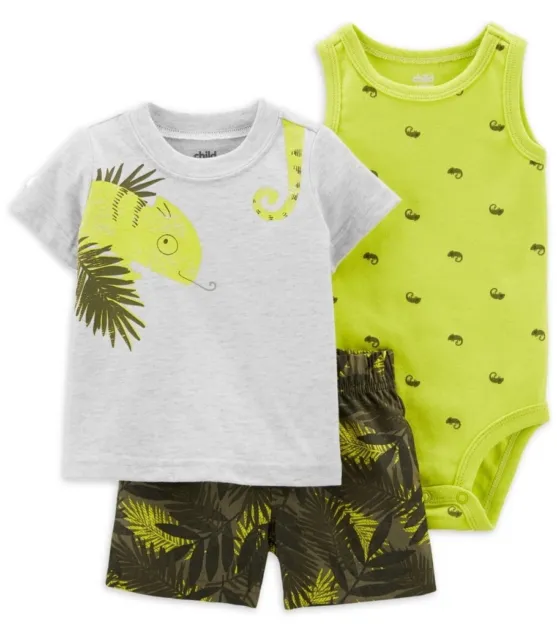 Baby Boy 0-3M  3pc Outfit Carter's Chameleon Top, Bodysuit, Shorts Green Cotton