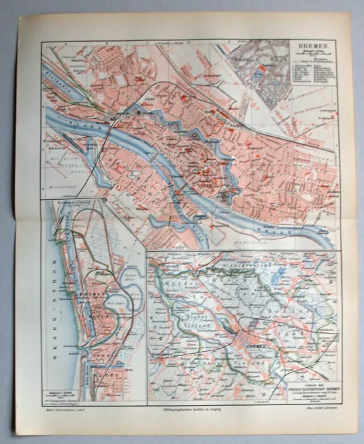 Bremen, Bremerhaven, Geestemünde - Alte Karte / Stadtplan - Lithographie 1898