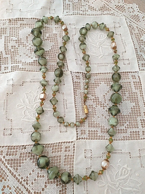 Collier Ancien En Perles De Verre Murano – Sautoir Vert Authentique Et Vintage