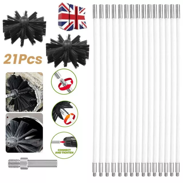 21x Flexible Chimney Sweep Set Flue Sweeping Brush & Rod Kit Soot Cleaning Rods