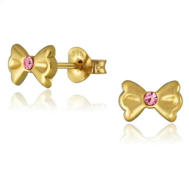 14K Gold Plated Pink CZ Cubic Zirconia Small Bow Stud Earrings Women Girls Kids