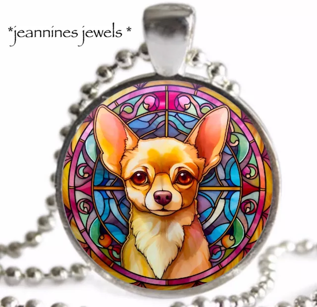 Chihuahua Dog Charm NECKLACE Faux Stained Glass ART PRINT Silver Pendant