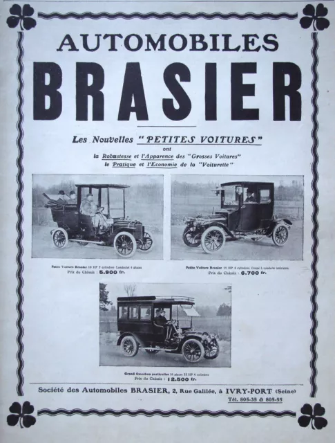 Publicité De Presse 1909 Automobiles Brasier Petites Voitures Grand Omnibus