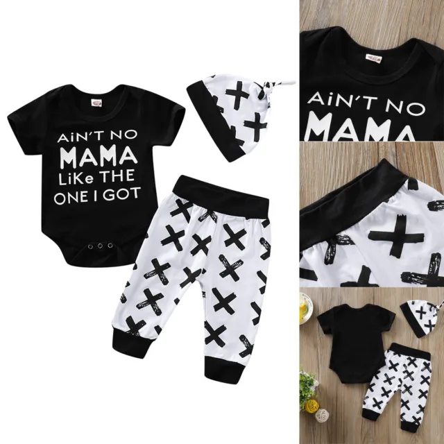 3 piezas Bebé recién nacido niños Ropa Carta Negro Mono Body Pantalones Sombrero Trajes