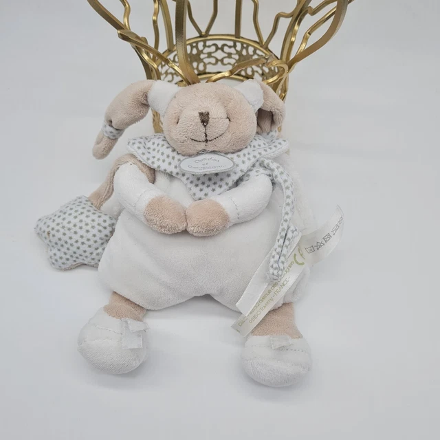01 - Doudou et compagnie Céleste lapin  cape attache tétine blanc gris étoile