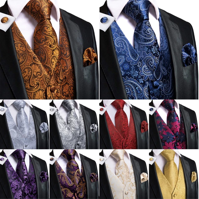 HT Mens Paisley Waistcoat Tie Set UK Size Chest Blue Black Red Suit Vest Wedding