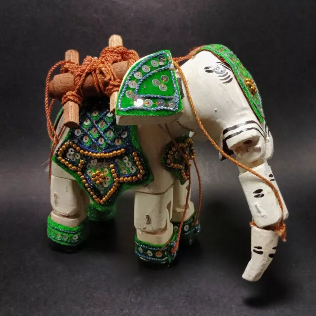 Elephant Green Saddle Burmese Wood Marionette String Puppet Asian Folk Art Toy
