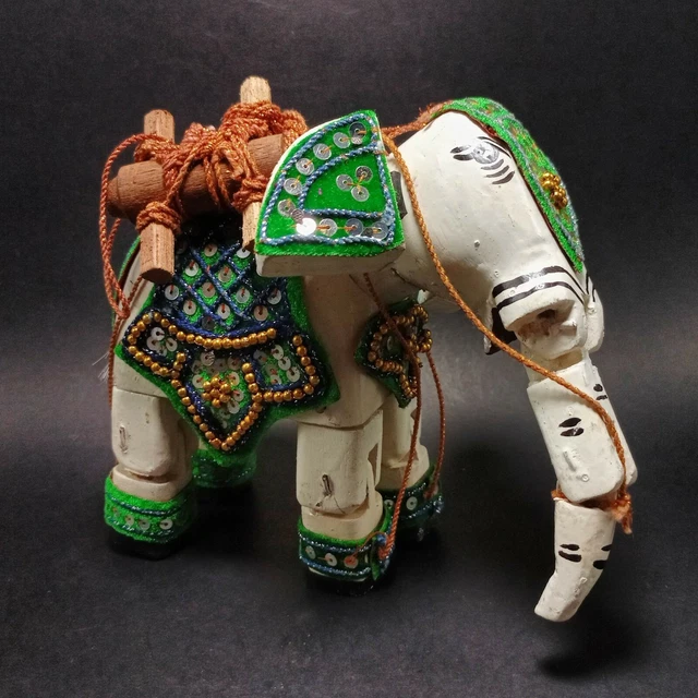 Elephant Green Saddle Burmese Wood Marionette String Puppet Asian Folk Art Toy