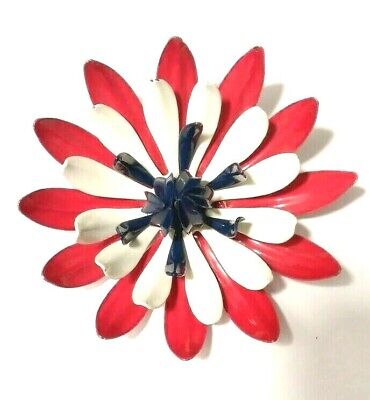 Large Atomic MOD Patriotic ENAMEL Flower PIN Red White Blue Brooch Mid Century
