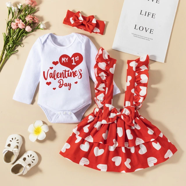 Baby Girls Outfit Set Heart Print Romper+Suspender Skirt+Bowknot Headband Suit