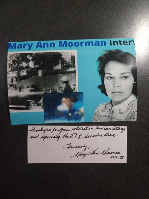 MARY ANN MOORMAN Hand Signed Autograph CUT With 4X6 PHOTO - JFK ASSASSINATION