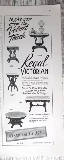 1953 Pelham Shell & Leckie Vintage Print Ad Victorian Tables Hand Carved Marble