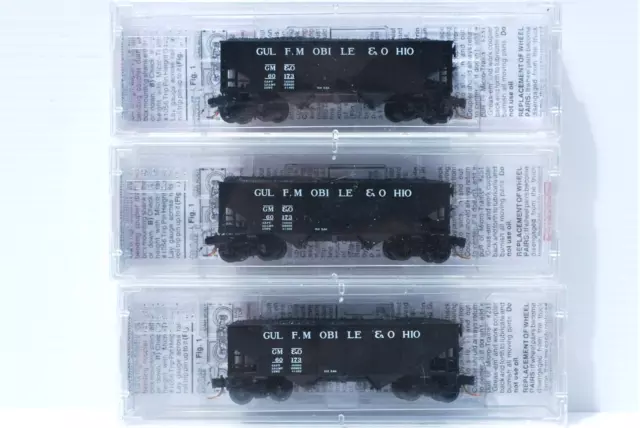 GM&O.  N Scale.  3 x 33' 2 Bay Coal Hoppers with Load. Micro Trains Line. New