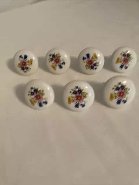 7 Vintage Porcelain Door Knobs Handles White & Flowers for Cabinets etc.