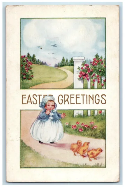 1919 Easter Greetings Girl Chasing Chicks Mederville IA Purple Cancel Postcard