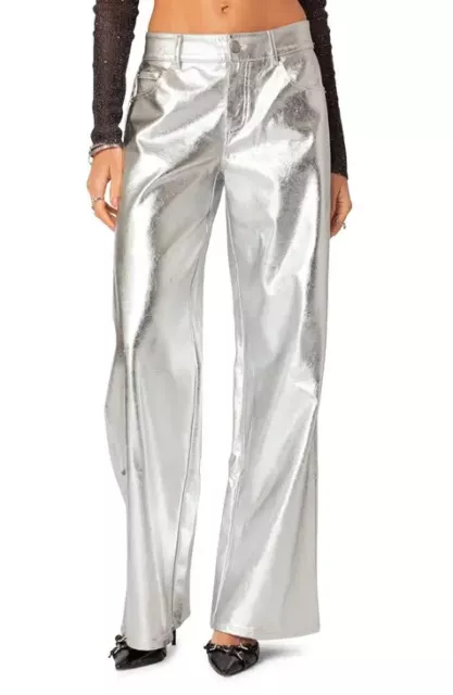 7 For All Mankind Silver Metallic Pants Women Size L Faux Leather Lined NWT NEW