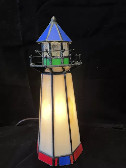 Vintage 10" Stained Glass Light House Tiffany Style Table Lamp Night Light