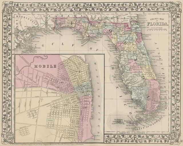 Florida Inset Map ANTIQUE MAP &COUNTY Map of Florida
