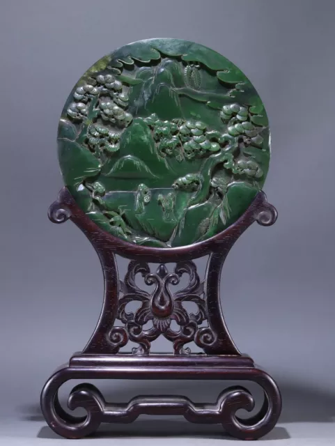 Chinese Exquisite Handmade Figures carving Inlaid Green Hetian Jade Wood Screen