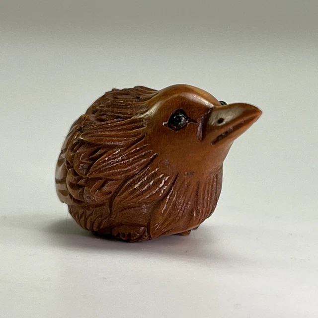 Japanese Netsuke Raven Hand Carved Boxwood 1 Inch Bead Signed 石川 Ishikawa
