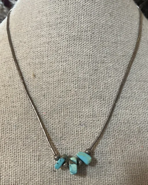 Liquid Sterling Silver Turquoise Nugget Necklace Native American Vintage 15.5”