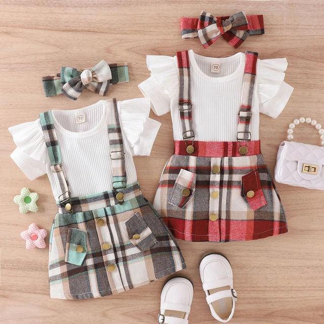 Baby Girls Ruffle Ribbed Romper Top + Plaid Suspender Skirt+Headband Set Outfit