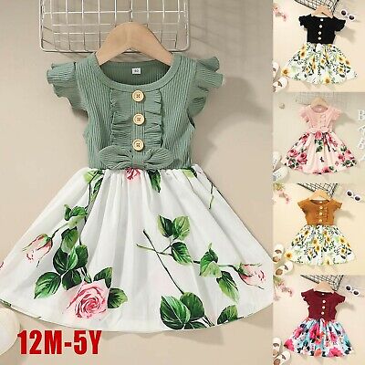 Toddler Kids Baby Girl Fly Sleeve Bow Ribbed Floral Dress Party Princess Clothes