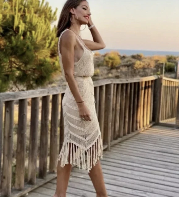 BNWT ZARA SAND Beige Crochet Dress With Fringing Size Large Rrp 49   29.99 - PicClick UK