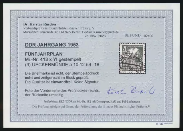 DDR Nr. 413 x YI gestempelt geprüft mit Befund Ruscher BPP, Mi. 220,- Euro