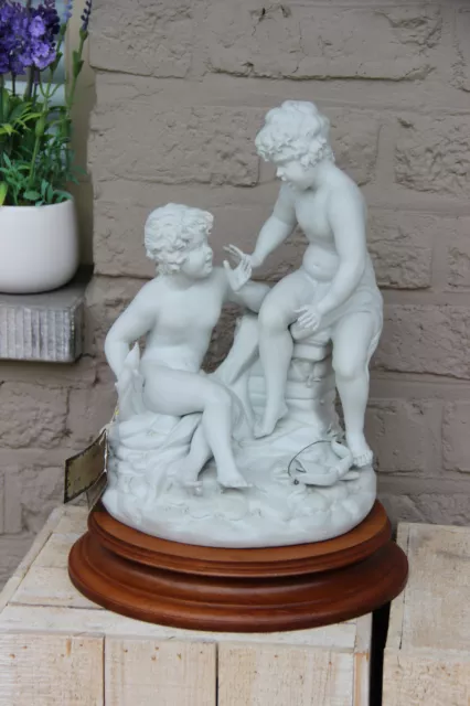 Vintage Capodimonte bisque porcelain Angels putti figurine Statue wood base 3