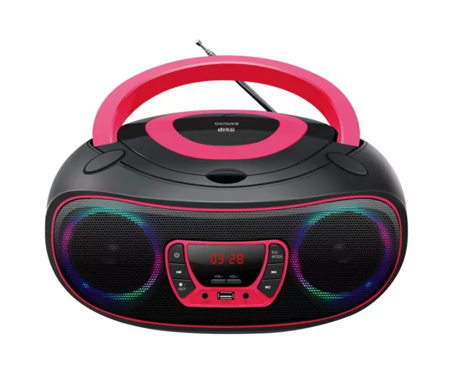 Denver Tcl-212Bt Pink Tragbares Fm-Radio Usb Cd Aux Bluetooth Led Licht