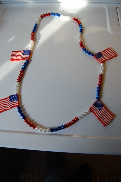 Red White and Blue Bead Necklace With American Flags 39" Patriotic