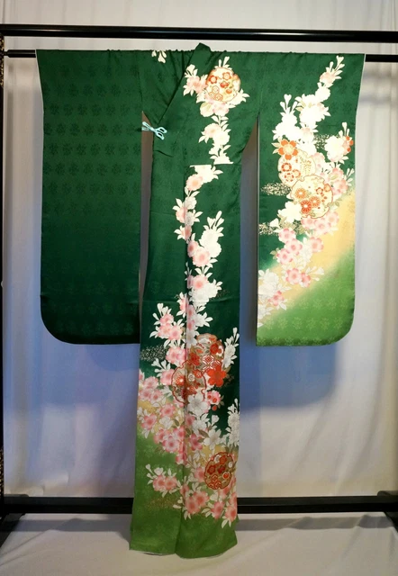 Japanese kimono SILK"FURISODE" long sleeves, Gold leaf, Plants, Green,L 64".1815