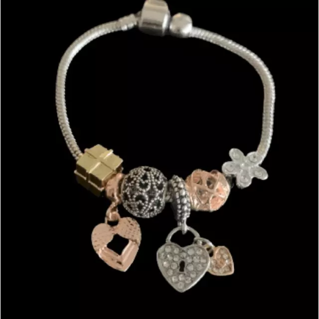 NEW Charm Bracelet Heart Flower Gift Bead Rhinestone Crystal Rose Gold Silver