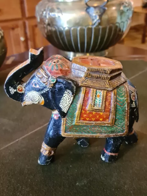Antique Indian Hand Carved And Painted Wooden Elephant In Ceremonial Dress