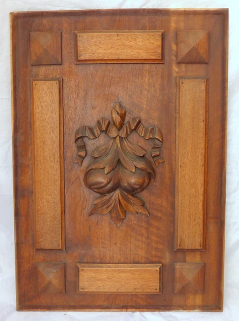 23" Antique French Carved Wood Panel Gothic PAIR Fruits Salvage + Ribbons Bow 4