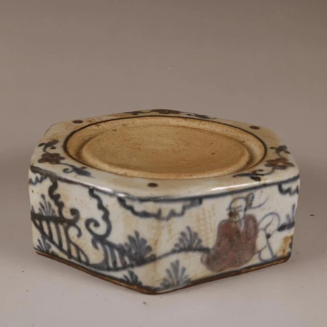Chinese Ming Blue and White Porcelain Red Figure Pattern Ink Stone Inkslab 4.72"