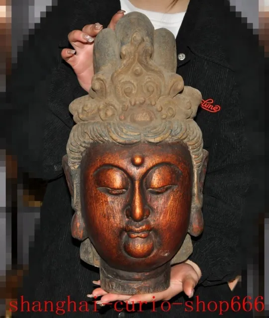 16.8"Tibet Buddhism temple Old wood Carved Kwan-Yin GuanYin Goddess head statue