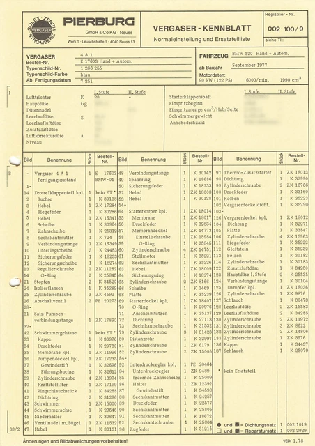 SETTING DATA DATASHEET spare parts list Solex 4A1 carburetor - BMW 520 ...